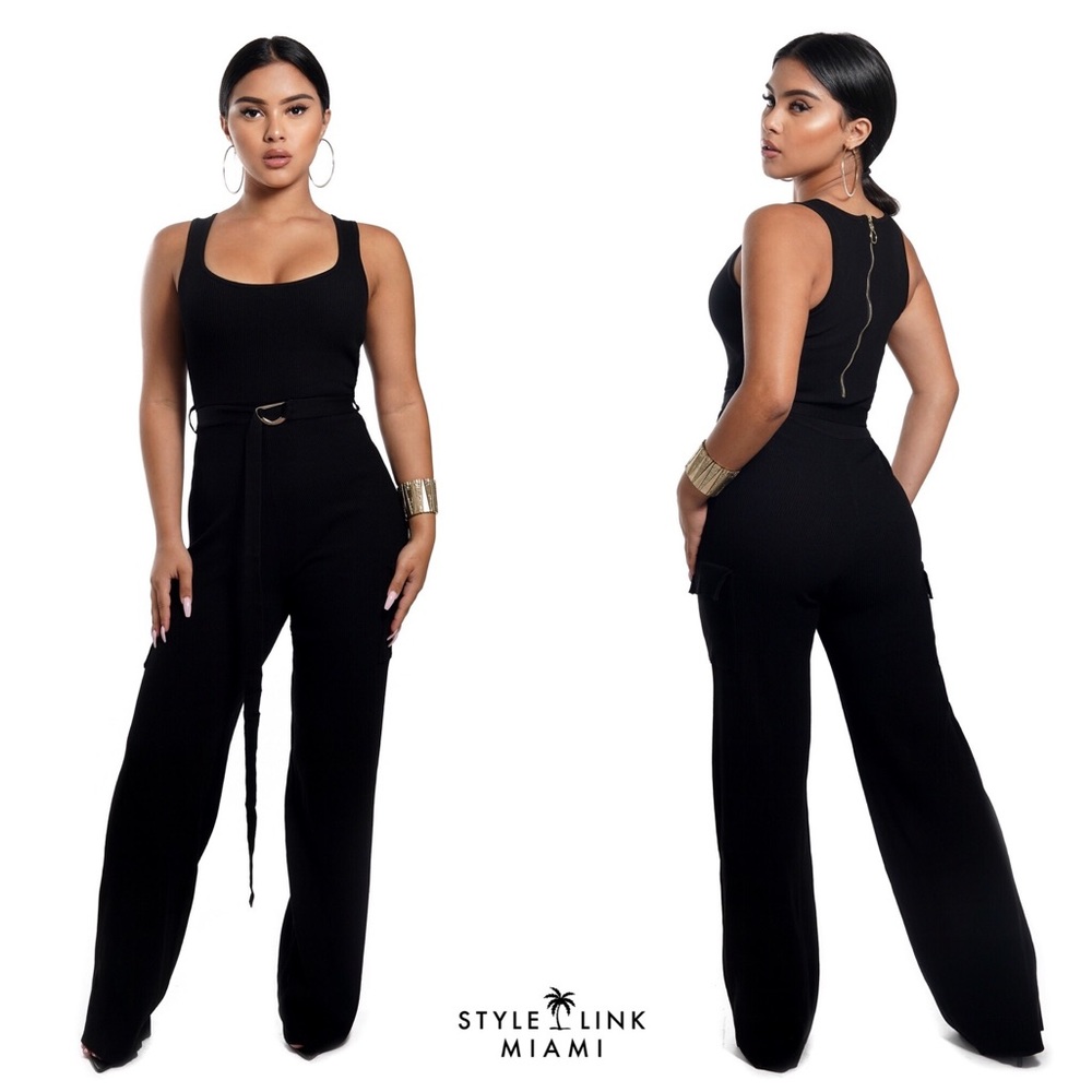 Black Sleeveless Front Tie Belt Jumpsuit